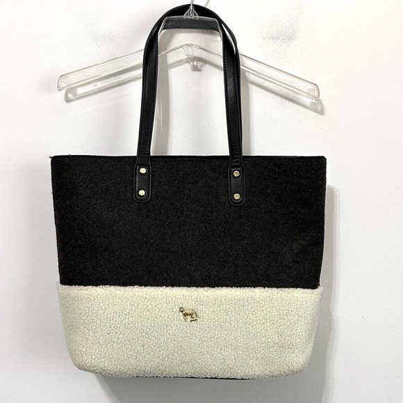 Emma Fox Caspian Shoulder Bag Tote Large Felt Sherpa Gray Cream Purse Trendy - Picture 1 of 8